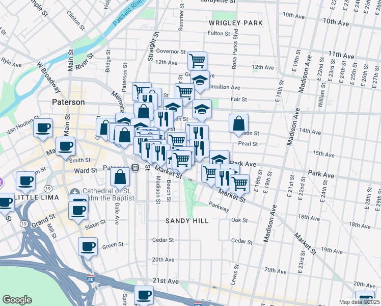 map of restaurants, bars, coffee shops, grocery stores, and more near in Paterson