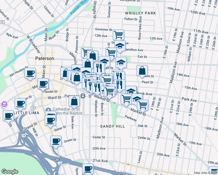 map of restaurants, bars, coffee shops, grocery stores, and more near 77 Park Avenue in Paterson