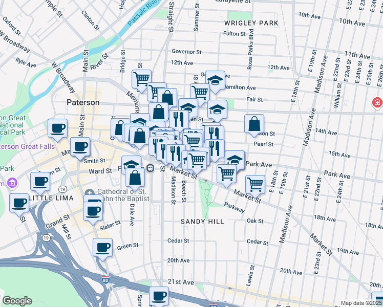 map of restaurants, bars, coffee shops, grocery stores, and more near 51/57 Park Avenue in Paterson