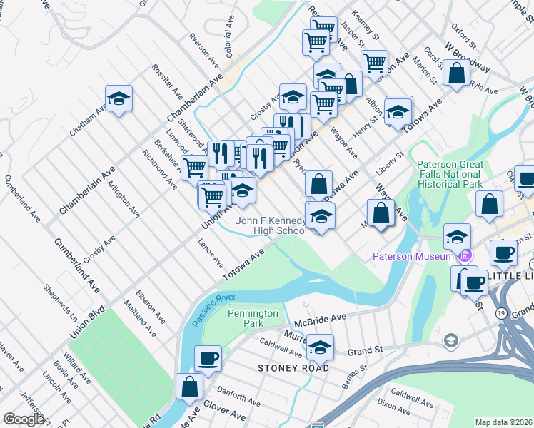 map of restaurants, bars, coffee shops, grocery stores, and more near 35A Sherwood Avenue in Haledon