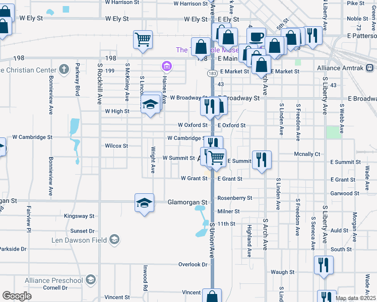 map of restaurants, bars, coffee shops, grocery stores, and more near 123 West Summit Street in Alliance