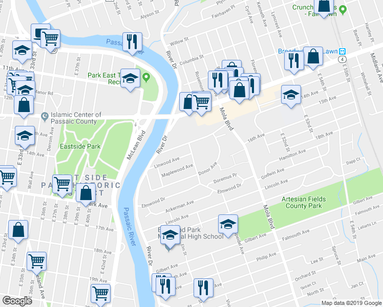 map of restaurants, bars, coffee shops, grocery stores, and more near Glenwood Avenue & Linwood Avenue in Elmwood Park