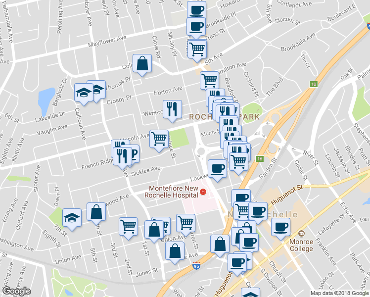 map of restaurants, bars, coffee shops, grocery stores, and more near 17 Prince Street in New Rochelle