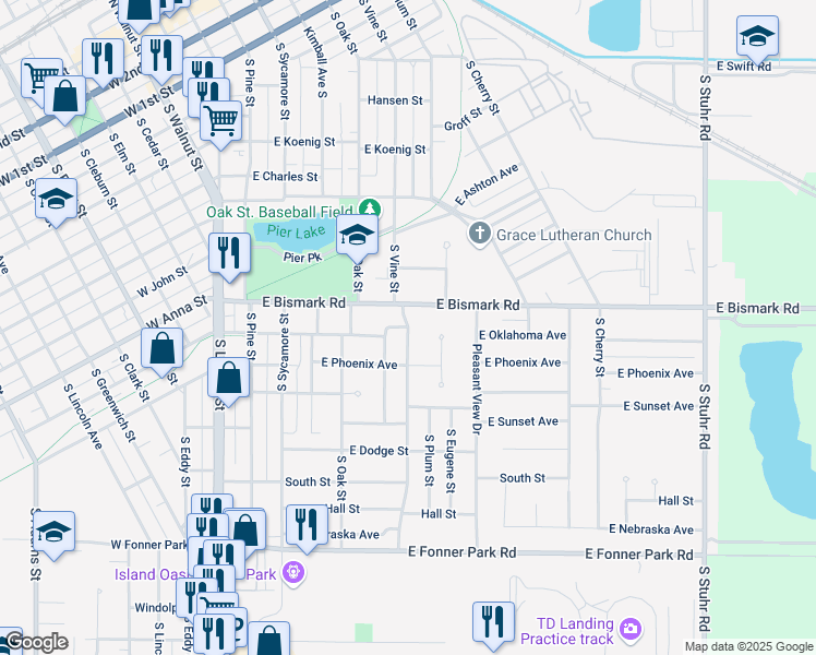 map of restaurants, bars, coffee shops, grocery stores, and more near 778 South Vine Street in Grand Island