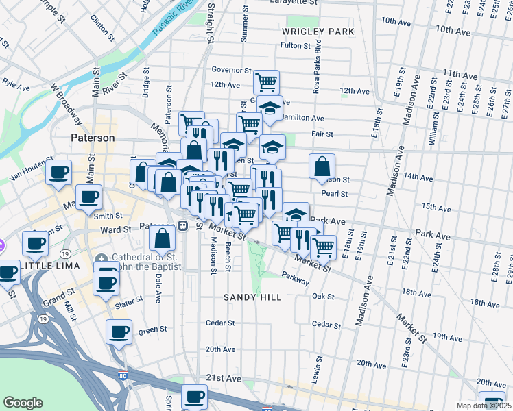 map of restaurants, bars, coffee shops, grocery stores, and more near 77 Park Avenue in Paterson