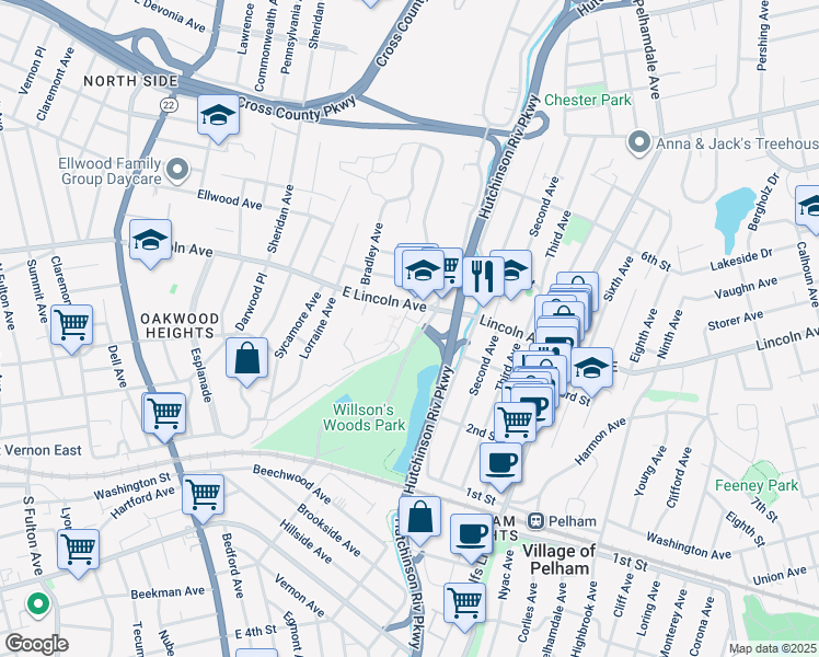 map of restaurants, bars, coffee shops, grocery stores, and more near 171 Pearsall Drive in Mount Vernon