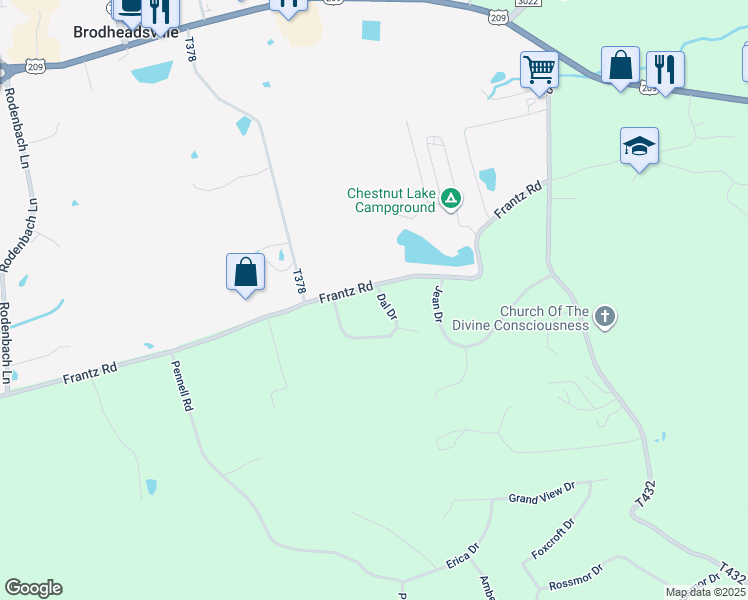 map of restaurants, bars, coffee shops, grocery stores, and more near 5159 Dal Drive in Brodheadsville