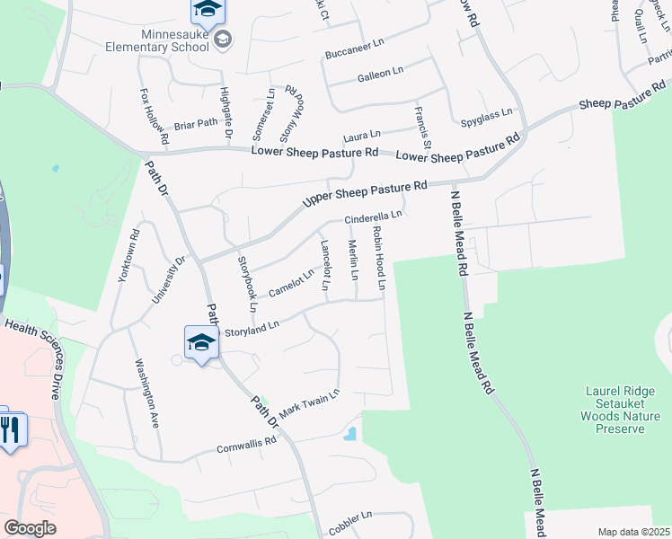 map of restaurants, bars, coffee shops, grocery stores, and more near 7 Lancelot Lane in Setauket- East Setauket