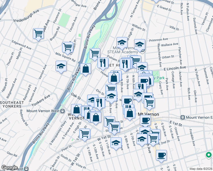 map of restaurants, bars, coffee shops, grocery stores, and more near 154 West Lincoln Avenue in Mount Vernon