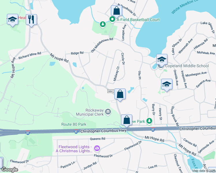 map of restaurants, bars, coffee shops, grocery stores, and more near 97 Mount Hope Road in Rockaway