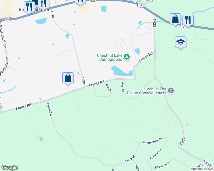 map of restaurants, bars, coffee shops, grocery stores, and more near Dal Drive in Brodheadsville