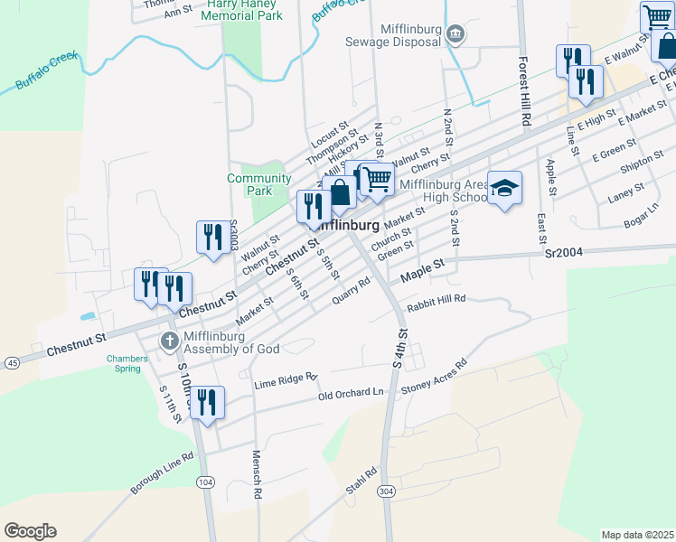 map of restaurants, bars, coffee shops, grocery stores, and more near Church St in Mifflinburg