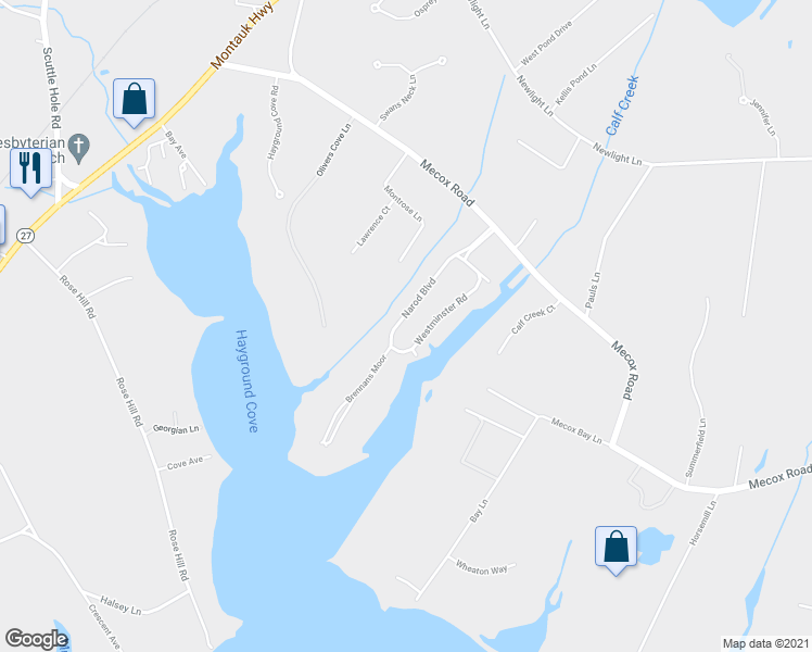 map of restaurants, bars, coffee shops, grocery stores, and more near 147 Narod Boulevard in Water Mill