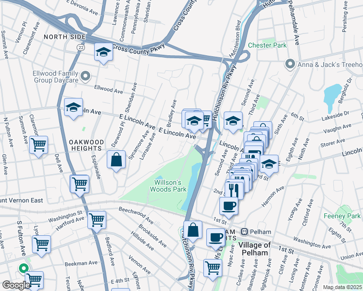 map of restaurants, bars, coffee shops, grocery stores, and more near 173 Oak Street in Mount Vernon
