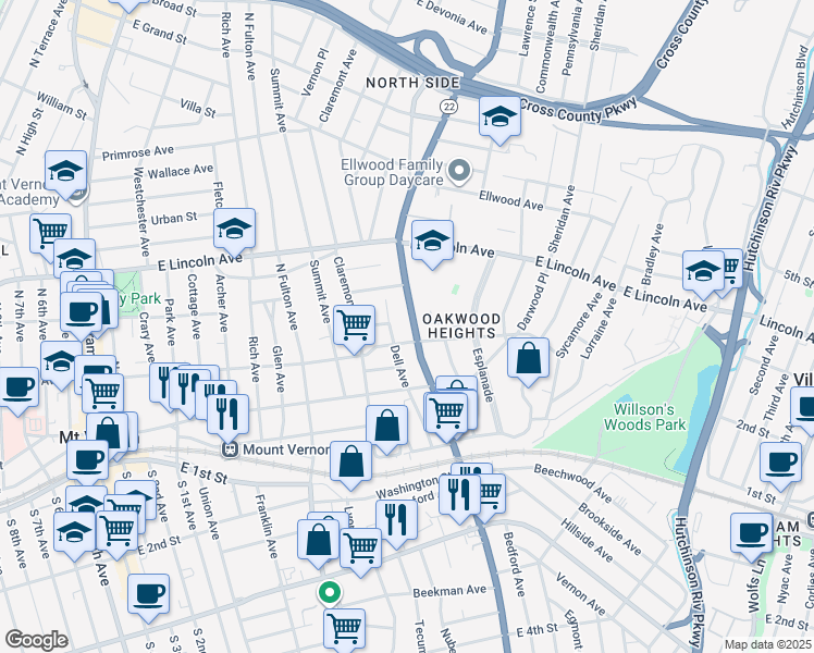 map of restaurants, bars, coffee shops, grocery stores, and more near 305 East Sidney Avenue in Mount Vernon