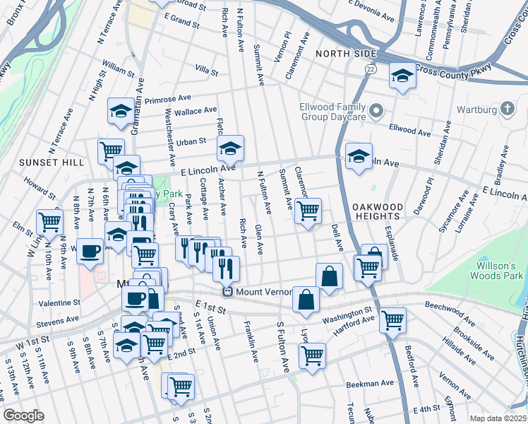 map of restaurants, bars, coffee shops, grocery stores, and more near 117 Glen Avenue in Mount Vernon