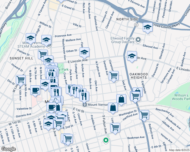 map of restaurants, bars, coffee shops, grocery stores, and more near 117 Glen Avenue in Mount Vernon