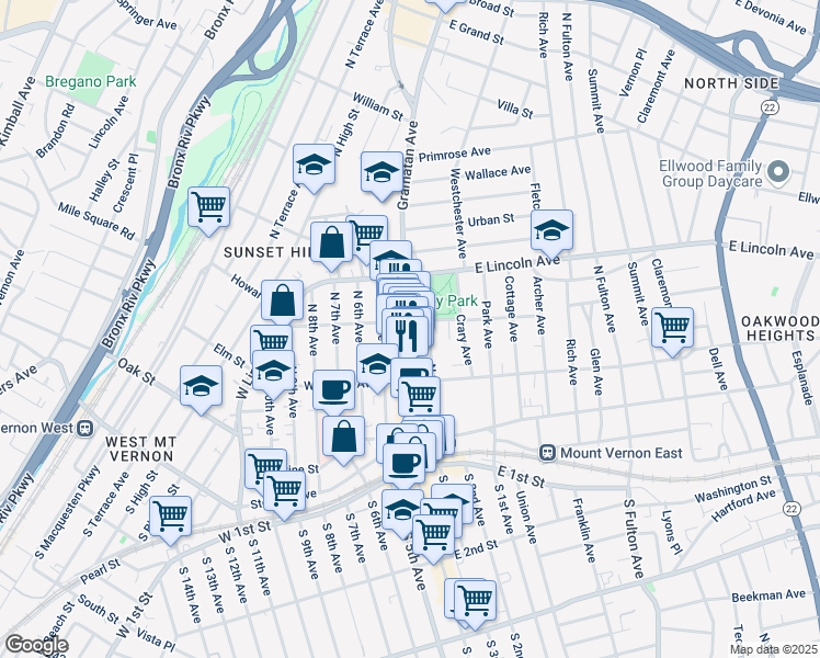 map of restaurants, bars, coffee shops, grocery stores, and more near 180 Gramatan Avenue in Mount Vernon