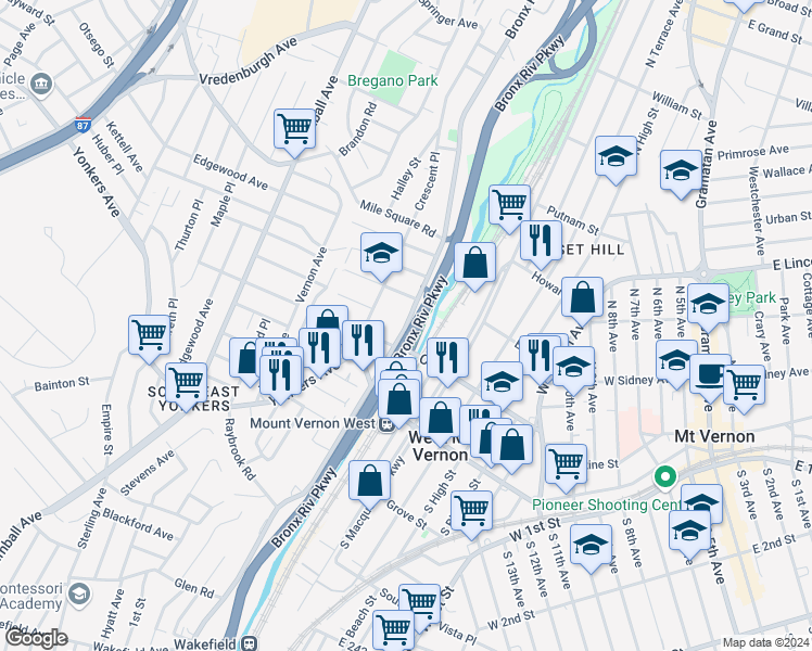 map of restaurants, bars, coffee shops, grocery stores, and more near in Yonkers