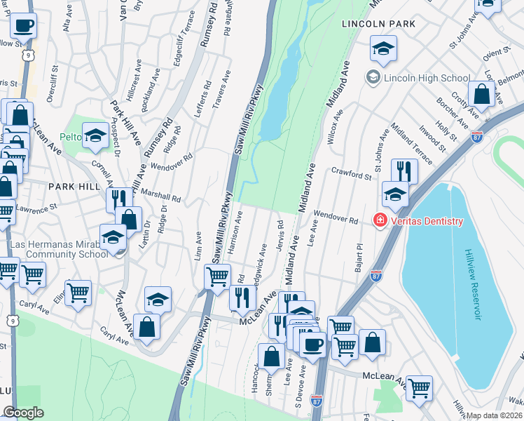 map of restaurants, bars, coffee shops, grocery stores, and more near 255 Sedgwick Avenue in Yonkers