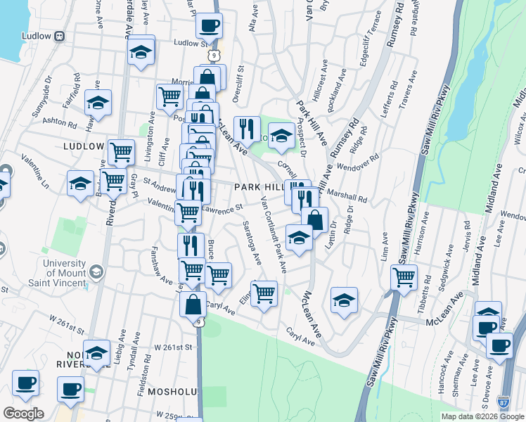 map of restaurants, bars, coffee shops, grocery stores, and more near 497 Van Cortlandt Park Avenue in Yonkers