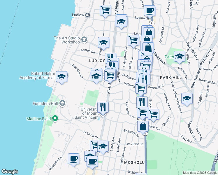 map of restaurants, bars, coffee shops, grocery stores, and more near in Yonkers