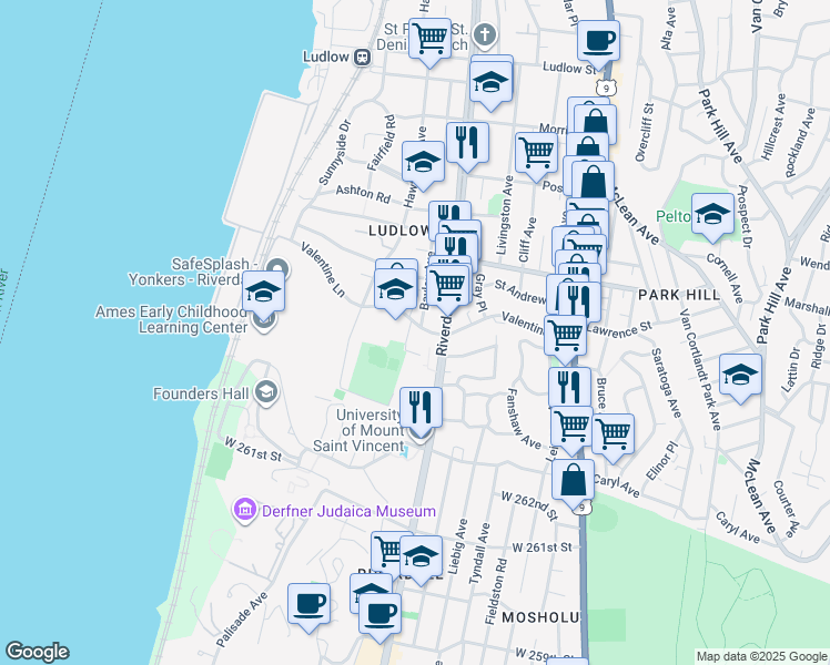 map of restaurants, bars, coffee shops, grocery stores, and more near 19 Abeel Street in Yonkers