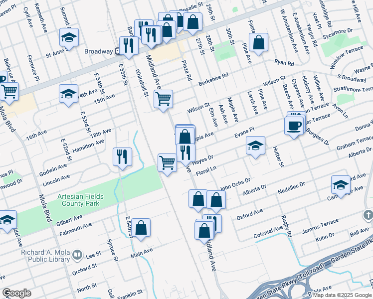 map of restaurants, bars, coffee shops, grocery stores, and more near 306 Evans Place in Saddle Brook
