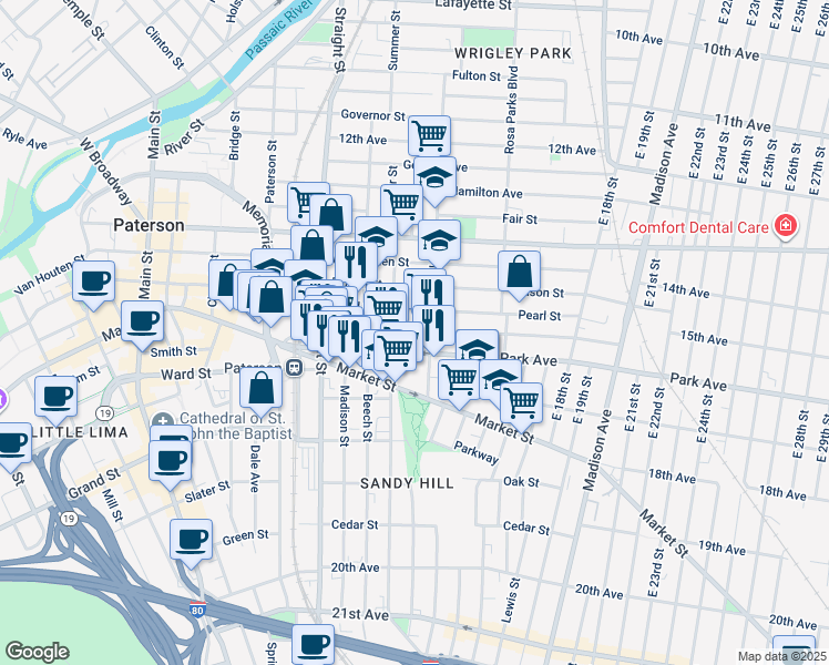 map of restaurants, bars, coffee shops, grocery stores, and more near 77 Park Avenue in Paterson