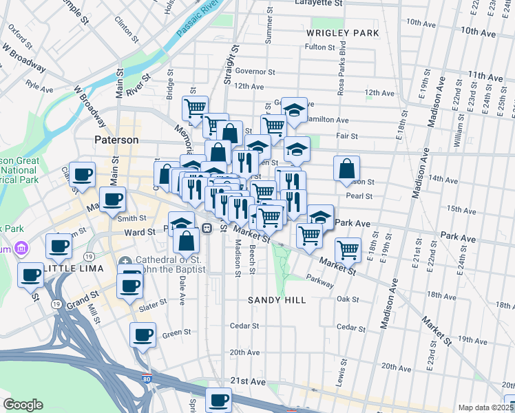 map of restaurants, bars, coffee shops, grocery stores, and more near 51/57 Park Avenue in Paterson