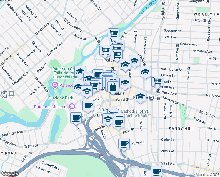 map of restaurants, bars, coffee shops, grocery stores, and more near 282 Main Street in Paterson