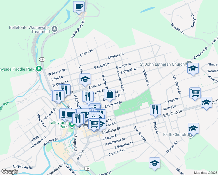map of restaurants, bars, coffee shops, grocery stores, and more near 224 East Lamb Street in Bellefonte