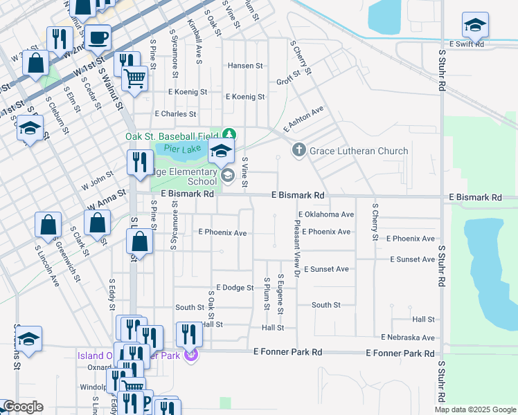 map of restaurants, bars, coffee shops, grocery stores, and more near 778-898 South Vine Street in Grand Island