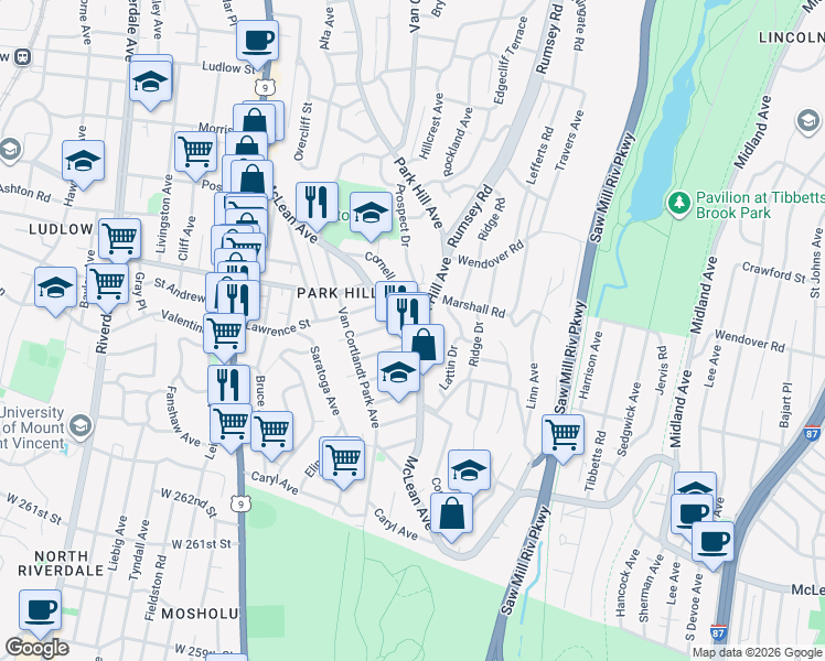 map of restaurants, bars, coffee shops, grocery stores, and more near 162 McLean Avenue in Yonkers