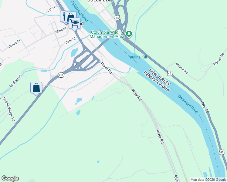 map of restaurants, bars, coffee shops, grocery stores, and more near 5380 River Road in Mount Bethel