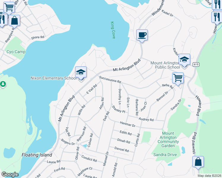 map of restaurants, bars, coffee shops, grocery stores, and more near 573 Dell Road in Roxbury Township