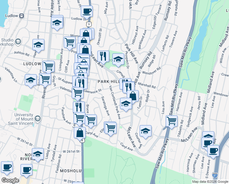 map of restaurants, bars, coffee shops, grocery stores, and more near 498 Van Cortlandt Park Avenue in Yonkers
