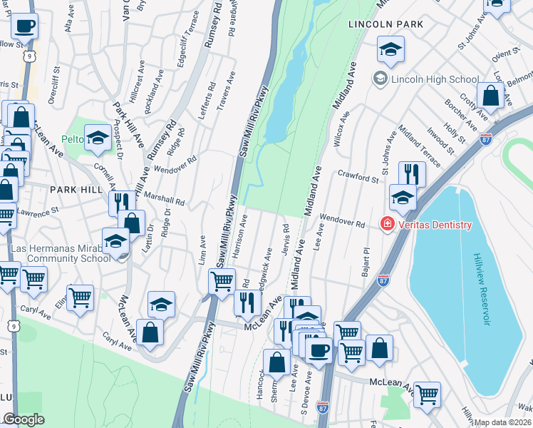 map of restaurants, bars, coffee shops, grocery stores, and more near 255 Sedgwick Avenue in Yonkers