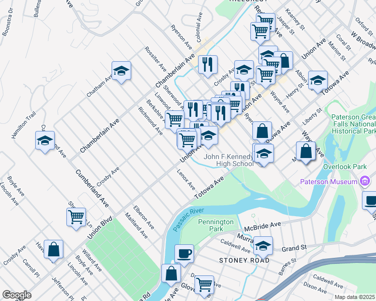 map of restaurants, bars, coffee shops, grocery stores, and more near in Paterson