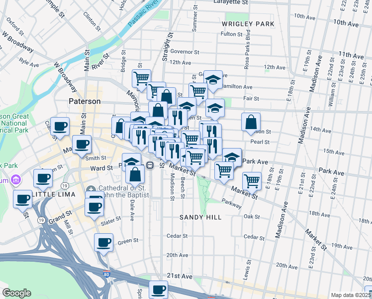 map of restaurants, bars, coffee shops, grocery stores, and more near 51/57 Park Avenue in Paterson