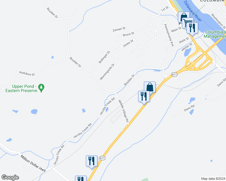 map of restaurants, bars, coffee shops, grocery stores, and more near 806 Boulder Drive in Mount Bethel