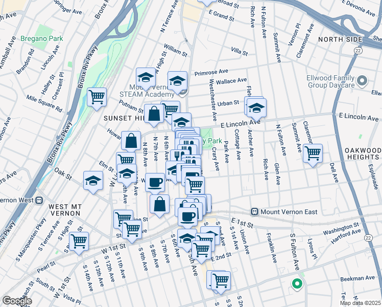 map of restaurants, bars, coffee shops, grocery stores, and more near 180 Gramatan Avenue in Mount Vernon