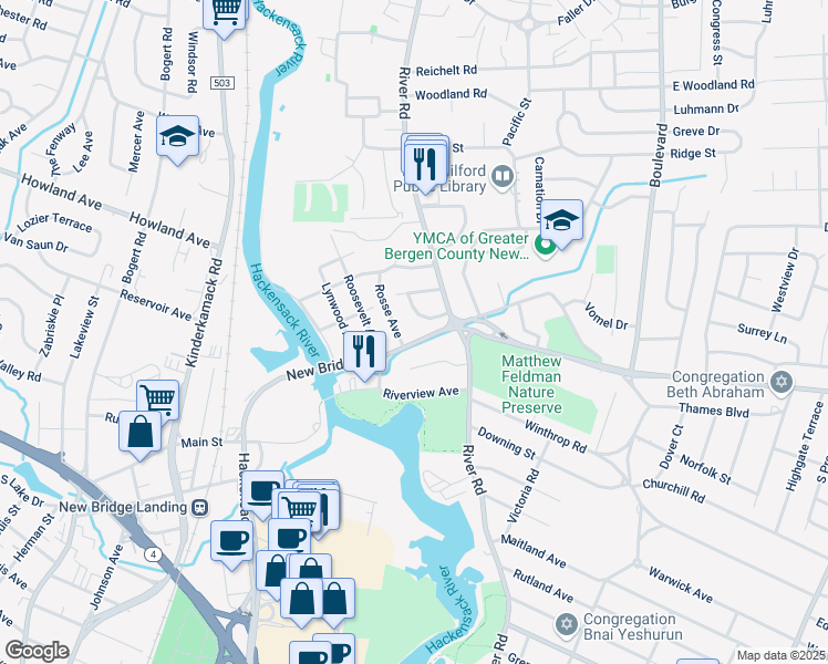 map of restaurants, bars, coffee shops, grocery stores, and more near 746 New Bridge Road in Teaneck
