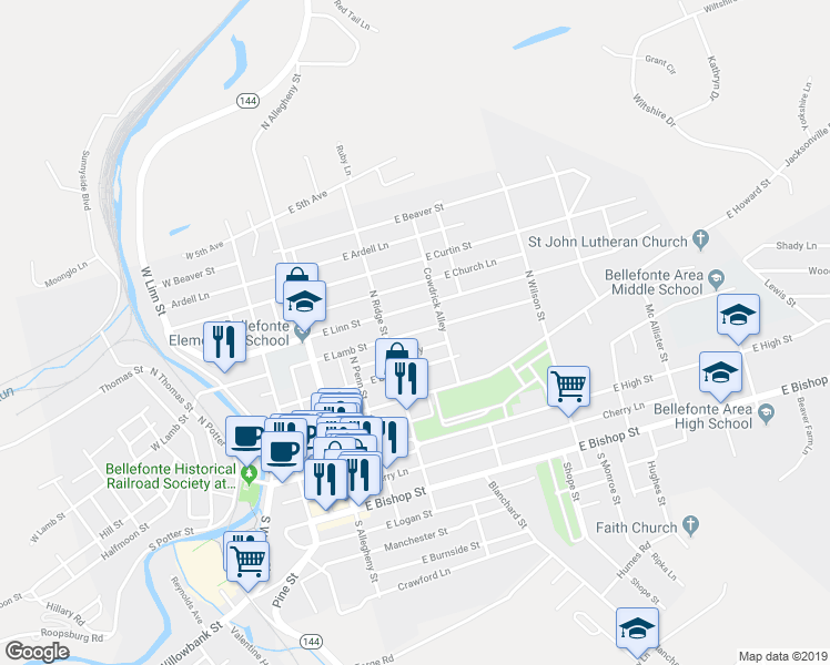 map of restaurants, bars, coffee shops, grocery stores, and more near 349 East Lamb Street in Bellefonte