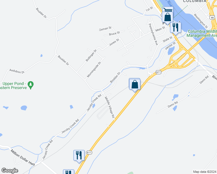 map of restaurants, bars, coffee shops, grocery stores, and more near 798 Boulder Drive in Mount Bethel