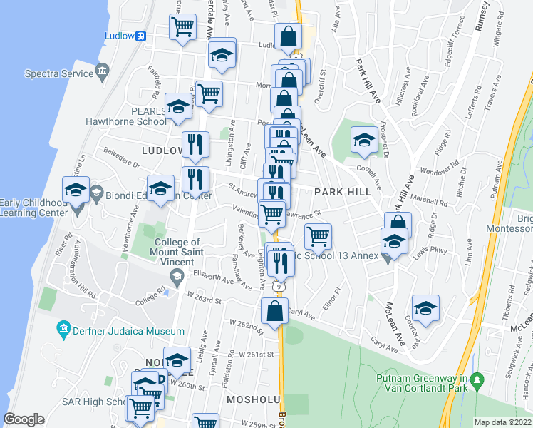 map of restaurants, bars, coffee shops, grocery stores, and more near 256 Valentine Lane in Yonkers