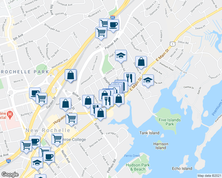 map of restaurants, bars, coffee shops, grocery stores, and more near 34 Stephenson Boulevard in New Rochelle