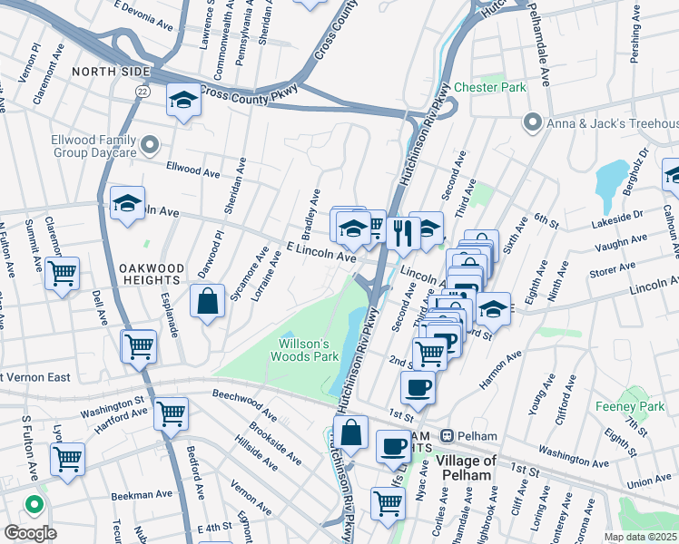 map of restaurants, bars, coffee shops, grocery stores, and more near 171 Pearsall Drive in Mount Vernon