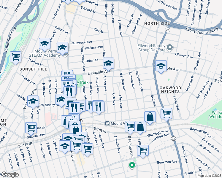 map of restaurants, bars, coffee shops, grocery stores, and more near 126 Rich Avenue in Mount Vernon