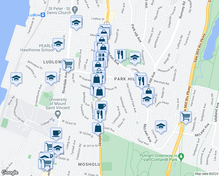 map of restaurants, bars, coffee shops, grocery stores, and more near 59 Bruce Avenue in Yonkers